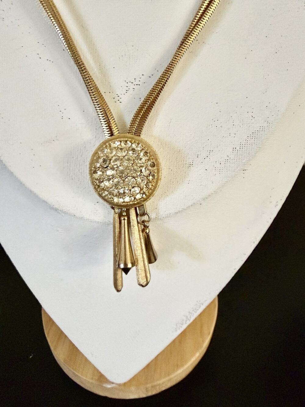 VTG Estate Find Gold Tone Tassel Snake Chain Medallion Rhinestone Necklace 24”